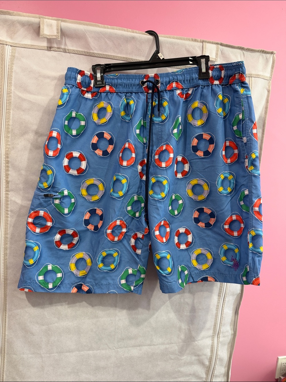 U.S. Polo Assn. Blue Swim Trunks with Multicolor Lifebuoy Print